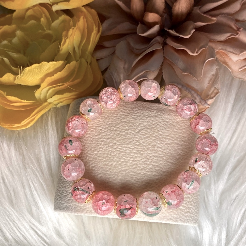 NEW! Cherry Blossom Glass Bead Bracelet Pink Green & Gold Mix NEW!